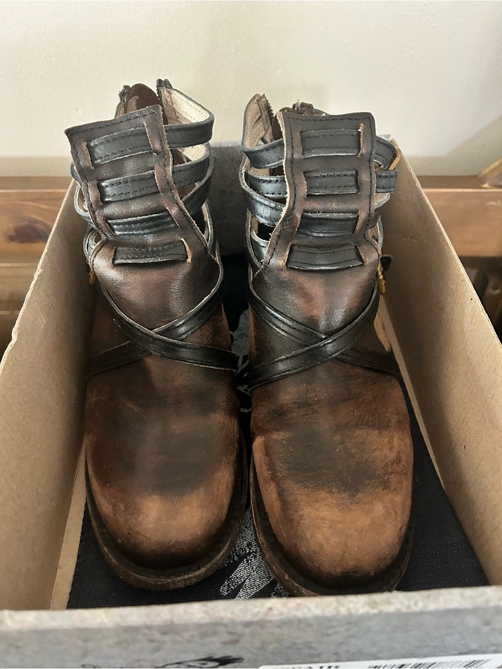 freebird Rustic Brown Leather Strappy Ankle Booties